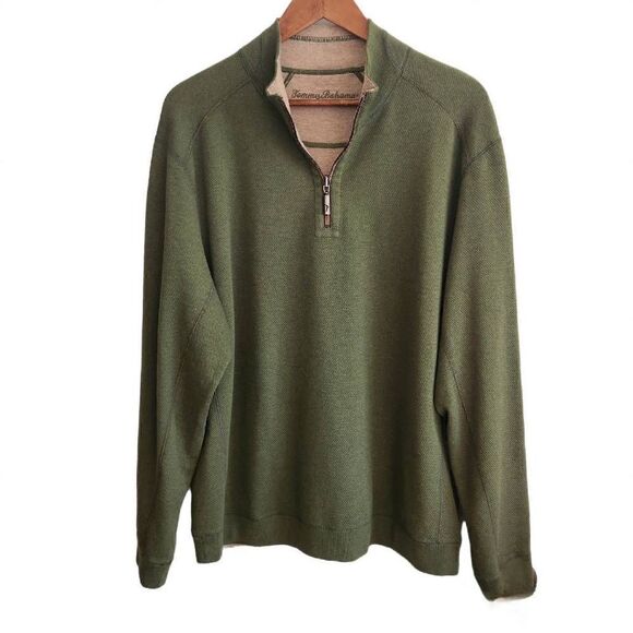 Tommy Bahama Sweater Mens Large 1/4 Zip Reversible Ribbed Pullover Green Tan - Picture 1 of 5